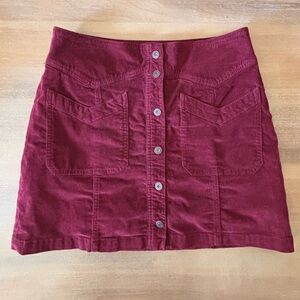 Free People Corduroy Button Front Mini Skirt Front Pockets, Burgundy, Sz 8